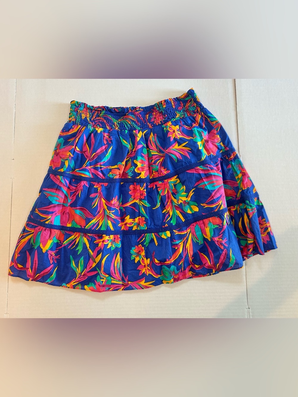 JCREW Tropical Floral Blue Skirt Tiered Lined Cotton Vacation Resort Size Medium - Picture 12 of 12